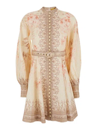 Zimmermann 'illuminate' Beige Mini Dress With Belted Waist And All-over Floral Print