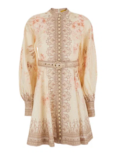 Zimmermann Illuminate Beige Mini Dress With Belted Waist And All-over Floral Print In Linen Woman In Multicolour