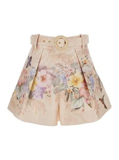 ZIMMERMANN 'ILLUMINATE' BEIGE SHORTS WITH ADLUSTABLE BELT AND ALL-OVER FLORAL PRINT