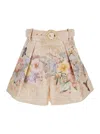Zimmermann 'illuminate' Beige Shorts With Adlustable Belt And All-over Floral Print