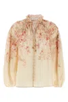 Zimmermann Illuminatebeige Blouse With Puffed Sleeves And All-over Floral Print In Linen And Silk Blend Woman