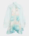 Zimmermann Illuminate Billow Pussy-bow Printed Linen And Silk-blend Mini Dress In Blue Seascape