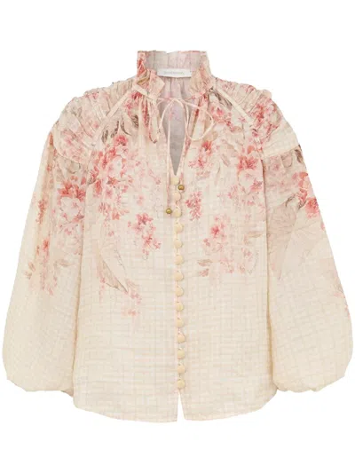 Zimmermann Illuminate Pleated Floral-print Linen And Silk-blend Blouse In Multi