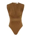 Zimmermann Silk Jersey Bodysuit With Gathered Detailing In Brown