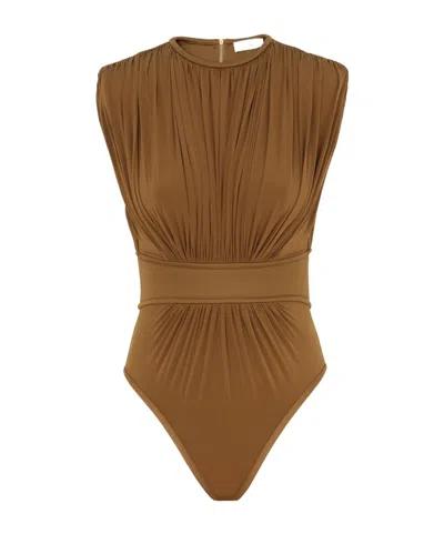 Zimmermann Cap Sleeve Waist Pleated Bodysuit In Khaki
