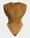 Zimmermann Silk Jersey Bodysuit With Gathered Detailing In Khaki