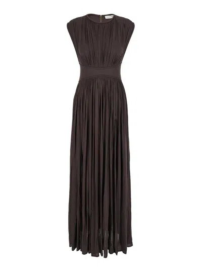 Zimmermann 'illuminate' Brown Long Dress With Gathered Neckline And Waist And Front Single Split In Viscose Str