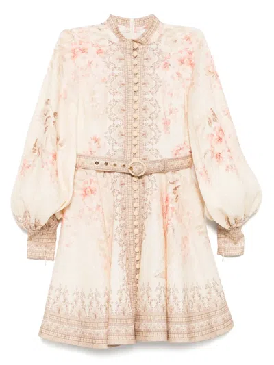 Zimmermann Illuminate Beige Mini Dress With Belted Waist And All-over Floral Print In Linen Woman In Multicolour