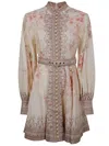 Zimmermann Illuminate Beige Mini Dress With Belted Waist And All-over Floral Print In Linen Woman