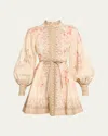 Zimmermann Illuminate Beige Mini Dress With Belted Waist And All-over Floral Print In Linen Woman In Coral Floral