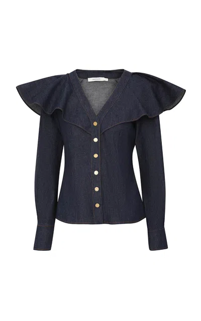 Zimmermann Illuminate Caped Denim Blouse In Dark Wash