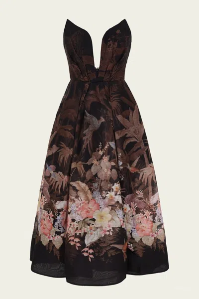 ZIMMERMANN ILLUMINATE DRAPED MIDI DRESS IN BLACK TROPICAL
