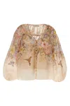 Zimmermann Illuminatebeige Blouse With Puffed Sleeves And All-over Floral Print In Linen And Silk Blend Woman