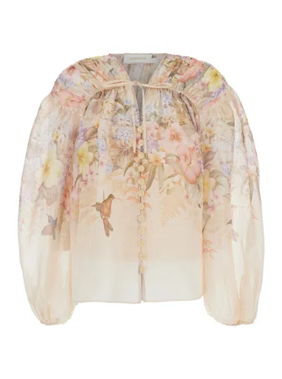 ZIMMERMANN 'ILLUMINATE'BEIGE BLOUSE WITH PUFFED SLEEVES AND ALL-OVER FLORAL PRINT IN LINEN AND SILK BLEND WOMAN