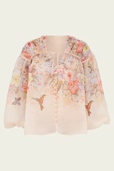 ZIMMERMANN ILLUMINATE DRAWN BLOUSE IN IVORY TROPICAL