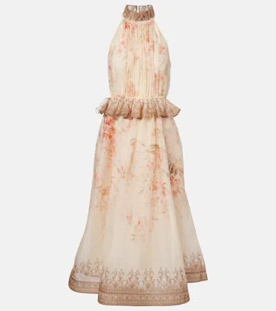 Zimmermann Illuminate Midi Dress In Linen And Silk In Coral Floral