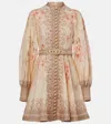 Zimmermann Illuminate Beige Mini Dress With Belted Waist And All-over Floral Print In Linen Woman