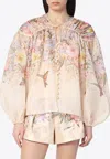 Zimmermann Illuminatebeige Blouse With Puffed Sleeves And All-over Floral Print In Linen And Silk Blend Woman