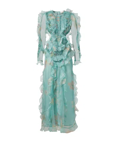 Zimmermann Illuminate Floral Ruffled Silk Organza Gown In Green