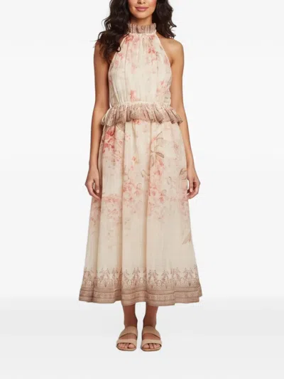 Pre-owned Zimmermann Illuminate Floral-print Halter Dress In Neutrals