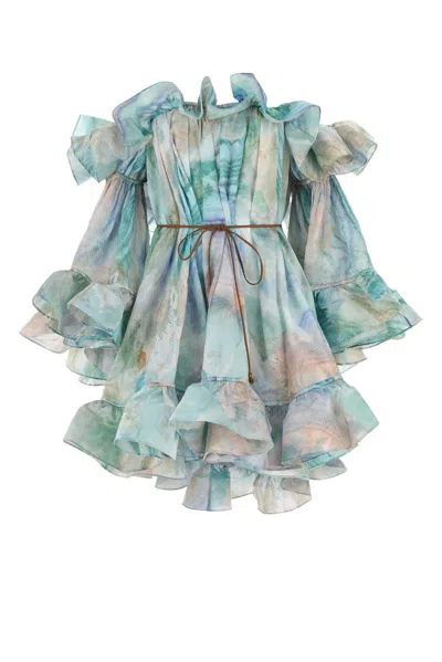 Zimmermann Illuminate Flounce Off-shoulder Mini Dress In Blue Agate