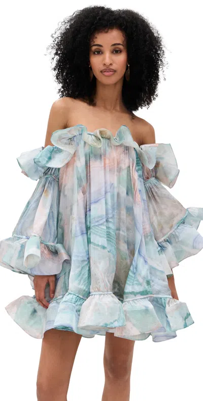 Zimmermann Illuminate Flounce Off-shoulder Mini Dress In Blue Agate