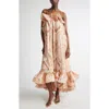 Zimmermann Illuminate Printed Ruffled Silk-satin Gown In Guava Agate