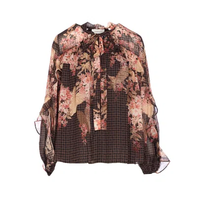 Zimmermann Womens Black Floral Illuminate Flutter Floral-print Sheer Blouse In Brown