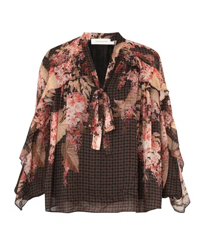 Zimmermann Womens Black Floral Illuminate Flutter Floral-print Sheer Blouse In Brown