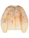 Zimmermann Illuminate Pleated Floral-print Linen And Silk-blend Blouse In Beige