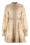 Zimmermann Illuminate Beige Mini Dress With Belted Waist And All-over Floral Print In Linen Woman In Multi