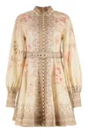 Zimmermann Illuminate Beige Mini Dress With Belted Waist And All-over Floral Print In Linen Woman