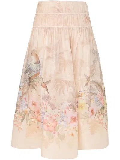 Zimmermann Silk And Linen Illuminate Drawn Midi Skirt In Multi