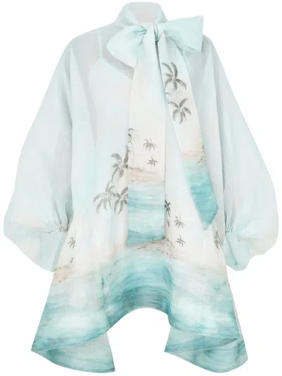Zimmermann Illuminate Billow Pussy-bow Printed Linen And Silk-blend Mini Dress In Blue