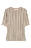 Zimmermann Illuminate Mouline Pleated Short Sleeve Sweater In Beige Multi Stripe
