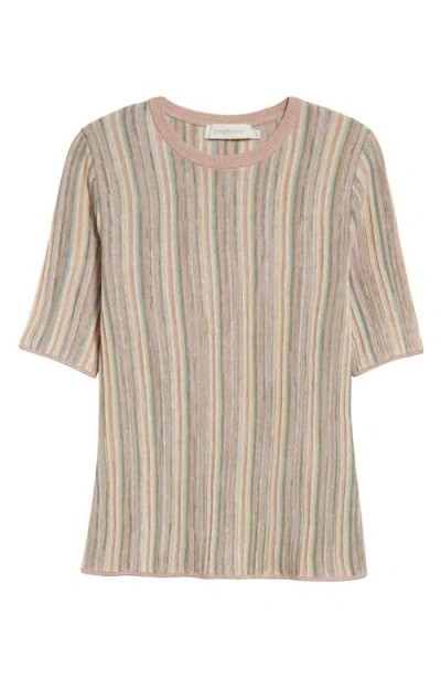 Zimmermann Illuminate Mouline Pleated Short Sleeve Sweater In Beige Multi Stripe