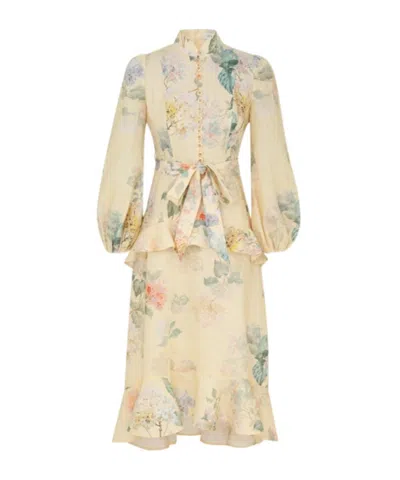 Zimmermann Floral Print Belted Linen Midi Dress In Lemon Hydrangea