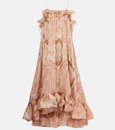 Zimmermann Illuminate Printed Ruffled Silk-satin Gown In Pink