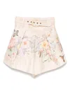 Zimmermann 'illuminate' Beige Shorts With Adlustable Belt And All-over Floral Print In Pink