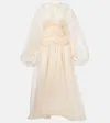 Zimmermann 'illuminate' Beige Crewneck Dress With Wide Elastic Long Sleeves And Macrame Details On Neck And Wai In White