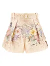 Zimmermann 'illuminate' Beige Shorts With Adlustable Belt And All-over Floral Print