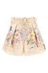 Zimmermann 'illuminate' Beige Shorts With Adlustable Belt And All-over Floral Print