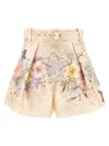 Zimmermann 'illuminate' Beige Shorts With Adlustable Belt And All-over Floral Print In Pink