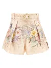 Zimmermann 'illuminate' Beige Shorts With Adlustable Belt And All-over Floral Print In Neutral