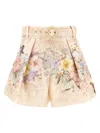 Zimmermann 'illuminate' Beige Shorts With Adlustable Belt And All-over Floral Print In Pink