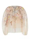 Zimmermann Illuminatebeige Blouse With Puffed Sleeves And All-over Floral Print In Linen And Silk Blend Woman