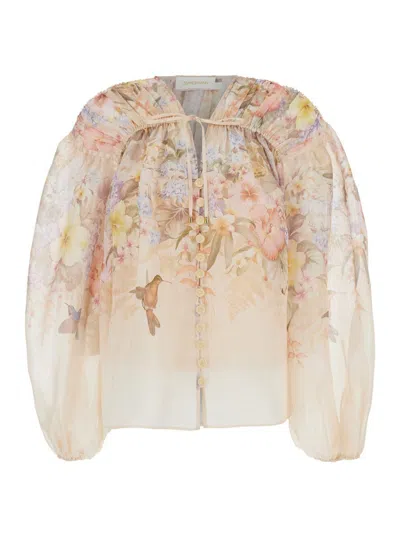 Zimmermann 'illuminate'beige Blouse With Puffed Sleeves And All-over Floral Print