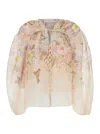 Zimmermann Illuminatebeige Blouse With Puffed Sleeves And All-over Floral Print In Linen And Silk Blend Woman