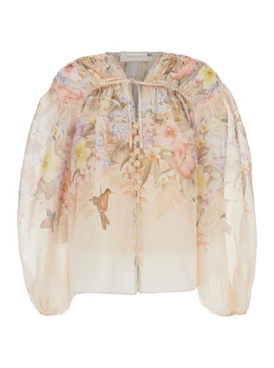Zimmermann Illuminatebeige Blouse With Puffed Sleeves And All-over Floral Print In Linen And Silk Blend Woman