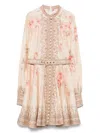 Zimmermann Illuminate Beige Mini Dress With Belted Waist And All-over Floral Print In Linen Woman